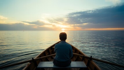 Lone Person in Rowboat at Sunset Over Calm Water woman silhouette