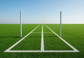 Obraz premium A bright green sports pitch featuring white painted boundary lines, goal posts, and the distinctive h-shaped uprights ready for competitive team play, marking, boundary, ground
