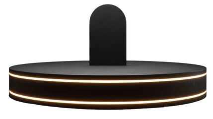 Round black podium with glowing yellow light strip, modern minimalistic display stand for product presentation, isolated transparent background, suitable for luxury, elegant, or futuristic showcase