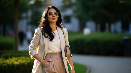 Beautiful stylish woman in beige suit and sunglasses walks in park during sunny afternoon full length shot of elegant executive holding clutch bag