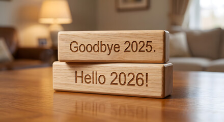 Wooden Blocks with Text Saying Goodbye 2025 and Hello 2026 in a Cozy Home Environment