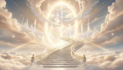 Fototapeta premium A radiant glowing staircase rises through luminous clouds toward a celestial gateway in a grand ethereal scene that evokes themes of ascension serenity hope and spiritual imagination