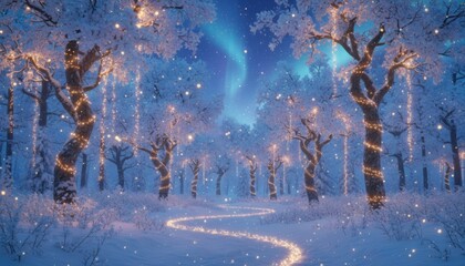 A snowy forest pathway illuminated by twinkling string lights winds beneath a vivid aurora filled night sky creating an enchanting winter holiday atmosphere filled with gentle sparkling beauty