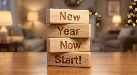 Decorative wooden blocks with inspirational New Year message on festive background