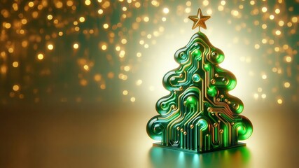 abstract spiral green Christmas tree made by circuit board elements blends festive spirit with modern technology. digital structure, glowing lines, and PCB-inspired shapes create a futuristic holiday