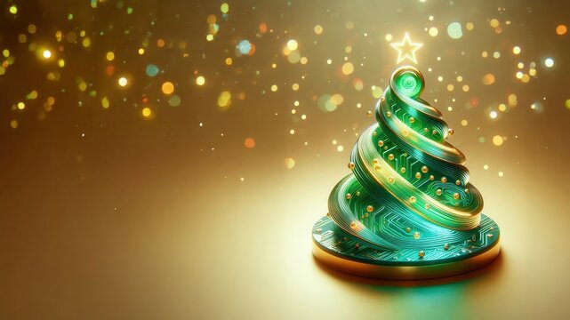 abstract spiral green Christmas tree made by circuit board elements blends festive spirit with modern technology. digital structure, glowing lines, and PCB-inspired shapes create a futuristic holiday - Powered by Adobe