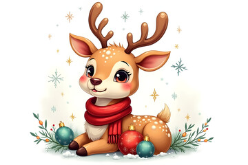 Cute Christmas Reindeer Cartoon with Festive Accessories