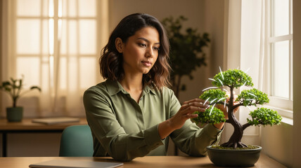 Young woman gently touching and caring for a bonsai tree in a serene sunlit home office, representing mindfulness and nurturing growth concept with warm natural light,  Digital Biophilia Concept