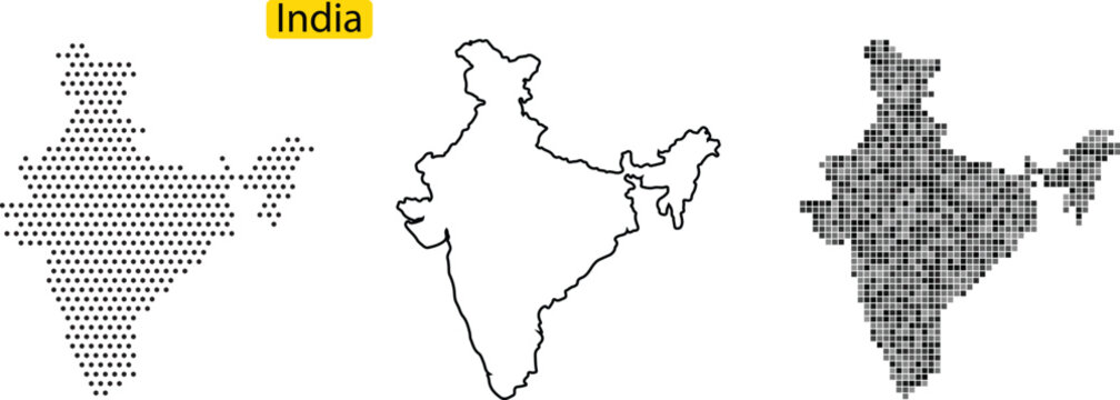 Three different styles of india maps in dotted and outlined forms
