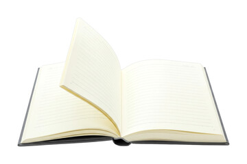 Open blank notebook with lined pages displaying a slightly curled page, symbolizing new beginnings, fresh ideas, and the potential for creative expression.