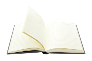 Open blank notebook with lined pages displaying a slightly curled page, symbolizing new beginnings, fresh ideas, and the potential for creative expression.