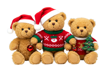 Three teddy bears dressed in festive Christmas sweaters and Santa hats, holding ornaments and a miniature tree, symbolizing holiday joy and celebration.