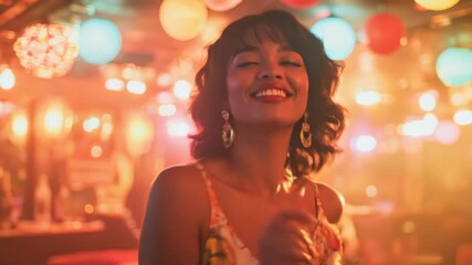 A beautiful Woman, wearing dangle earrings and a floral dress, smiles and moves to the music during a jazz dance at a festive gathering. She clearly enjoys dancing