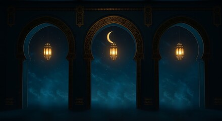 Fototapeta premium Illuminated Arches at Night with Crescent Moon