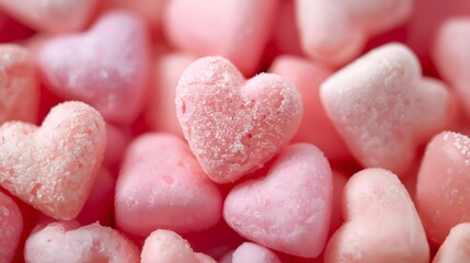Obraz premium Heart-shaped candy hearts in pink and red sweets on a valentine themed background