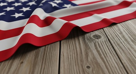 American flag draped on weathered wooden planks, showcasing patriotism and rustic texture