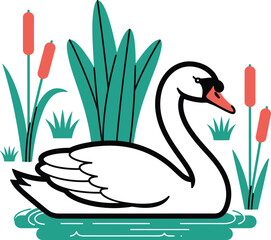 Swan Swimming on Lake Nature Vector Illustration