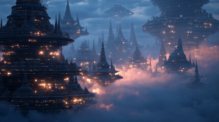 Soft-lit post-human residential megastructures floating in clouds with automated light patterns and no visible inhabitants. Futuristic skyscrapers, modern buildings surrounded by clouds. Alien world.