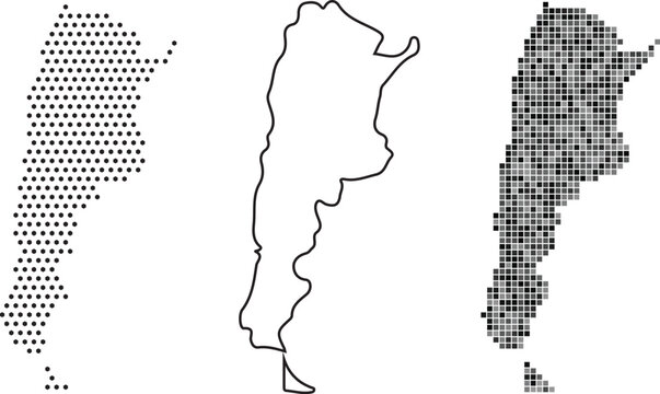 Three different map illustrations of argentina in various styles and patterns