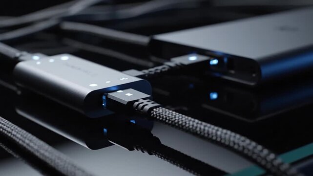 Closeup of braided USB-C cables with metallic hubs and blue indicator lights on a dark soft surface