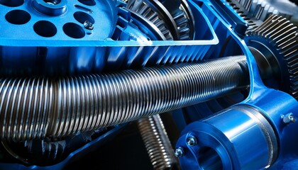 Fototapeta premium close up of industrial machine components with blue metallic gear and coil details