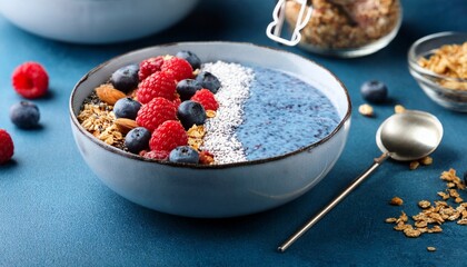 blue chia pudding bowl with raspberries blueberries and granola