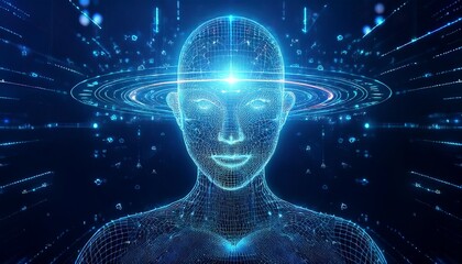 a 3d hologram of data symbolizing an ai agent and agi technology using agentic superintelligence in the future for autonomy and the growth of asi during the singularity