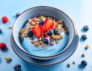 blue frozen yogurt with granola blueberries raspberries and strawberries
