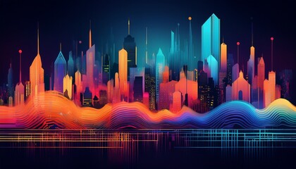 abstract colorful city skyline digital art visual data representation possible use in background design or technology related visuals