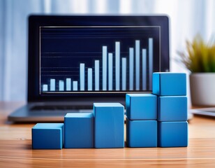 blue cubes forming a bar graph on a wooden table with a laptop showing a declining chart in the background