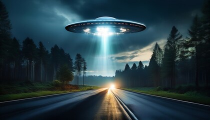 ufo hovering over a rural road with bright light beam at night dark forest landscape under cloudy sky with glowing spaceship creating dramatic lighting