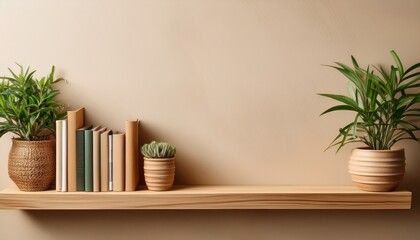 wooden shelf unit with books and plants near beige wall