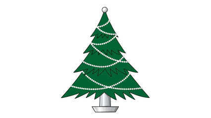 Obraz premium A festive green Christmas tree adorned with white beaded garlands and a silver base, set against a plain white background.