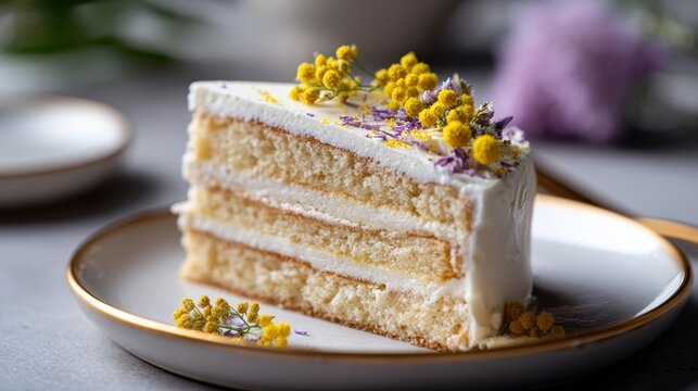 luxurious cake display, a sophisticated, layered cake with white frosting, yellow mimosa flowers, and purple glitter on a gold-rimmed white plate in high resolution
