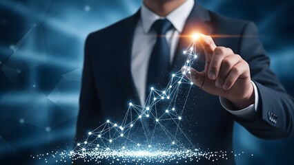 Business professional interacting with a digital network of data points and glowing light