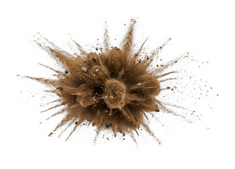 Fototapeta premium Brown dust explosion with flying rock fragments creating a dynamic burst of particles and debris in motion, captured with high-speed photography.