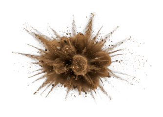 Brown dust explosion with flying rock fragments creating a dynamic burst of particles and debris in motion, captured with high-speed photography.