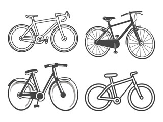 Four different styles of bicycles in black and white Hand Drawn line art illustration