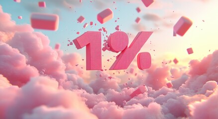 Floating 3D text breaking in sunset sky with clouds