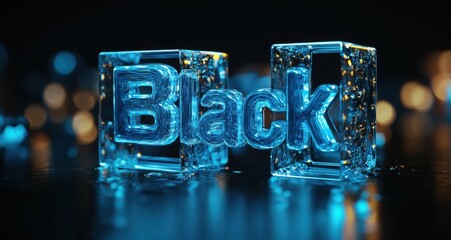 Glowing blue 3D Friday text on reflective dark background