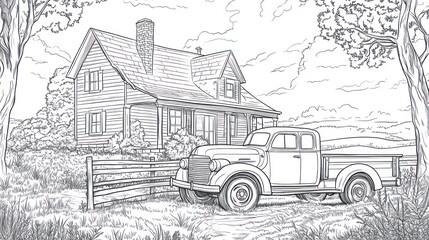Countryside scene, old truck, vintage house, tranquil, background