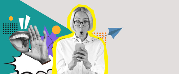 A dynamic collage features a surprised person looking at a smartphone, with colorful graphics representing communication. The scene conveys excitement and engagement in the digital age.