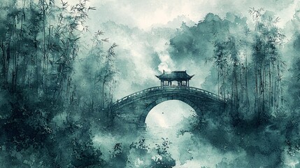 Arch bridges and pavilions amidst the misty mountains and waters