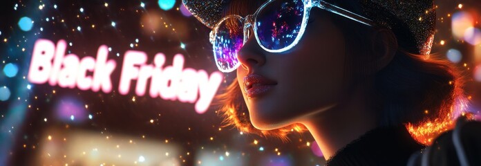 Stylish woman shopping during Black Friday in neon lights