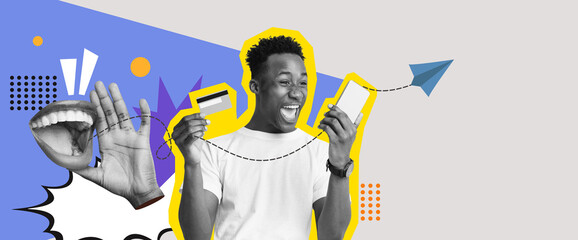 A vibrant collage showcases a young man joyfully interacting with colorful graphic elements. His...