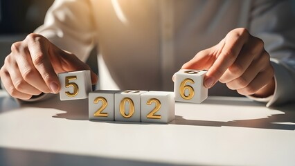 Business person carefully assembling wooden blocks with numbers and icons representing growth