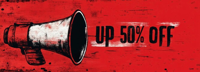 Bold red sale banner with megaphone and discount offer