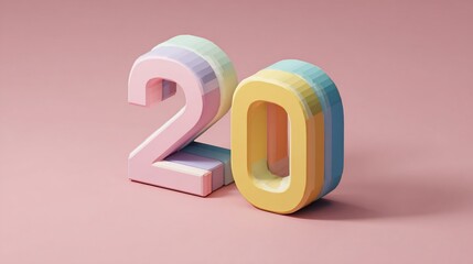 Pastel striped 3D number "20" on a pink background, isometric view