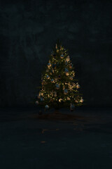 3d rendering of illuminated christmas tree in a concrete grunge room