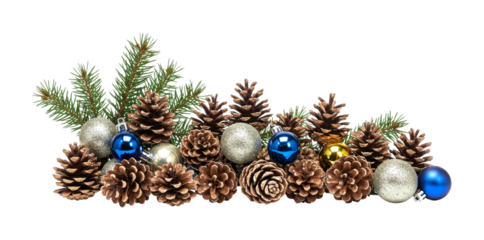 Pine cones, Christmas ornaments, fir branches, form a beautiful holiday border, perfect for seasonal greetings and winter celebrations.